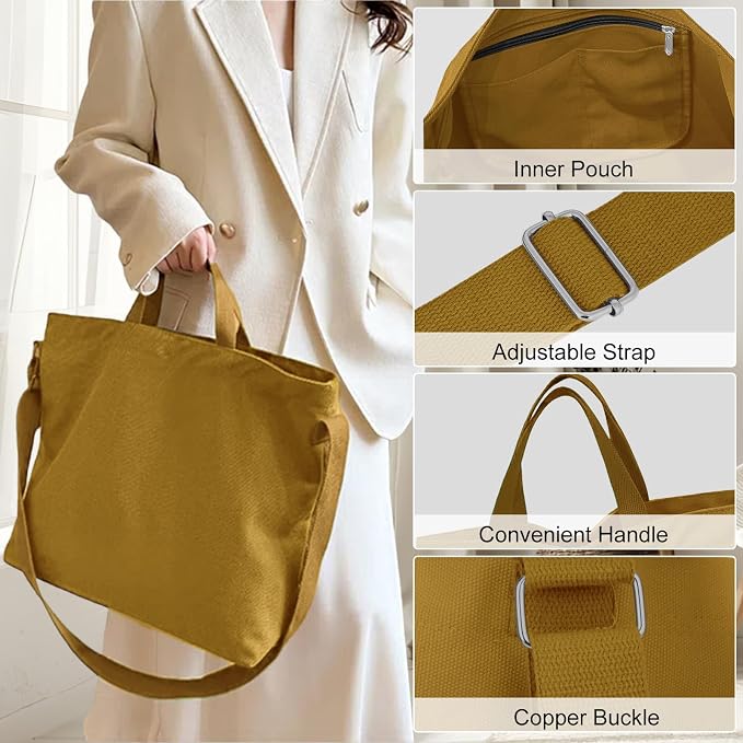 Women's Canvas Tote Bag inside Out Bag with Adjustable Crossbody Strap for Work Travel Shopping Durable Handbag for Men - Image 2