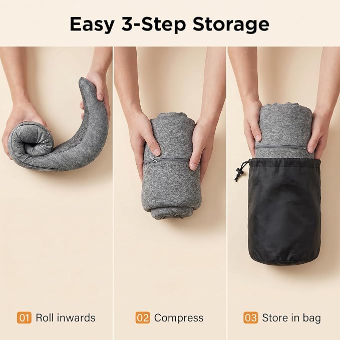 Travel Neck Pillow with Hood, Memory Foam, 360° Ergonomic Support, Cooling Ice Silk, Hooded Design, with Eye Mask, Earplugs, and Storage Pouch Airplane Travel Essentials, Dark Gray - Image 5