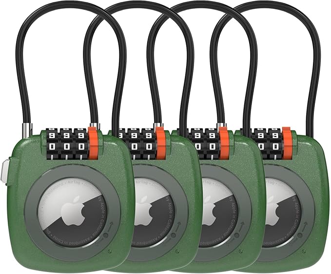 Compatible with Apple AirTag Secure Lock with Wire Cable, 3-Digit Combination Luggage Locks, Alloy Body Ultra Durable Anti-Lost Protective Case for Luggage, Suitcase (Green*4) by TUXON