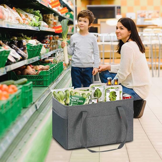 LHZK Standing Utility Tote Bag with Metal Wire Frame and the Sides Rinforced, Large Tote Bag with Handle, Reusable Grocery Bags Foldable, Beach Bag, Car Tote (Grey, 18.5''x11.8''x11.5'') - Image 2