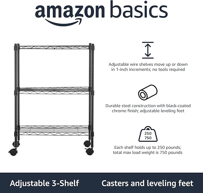 Amazon Basics 3-Shelf Adjustable Heavy Duty Storage Shelving Unit on 2" Wheels, Metal Wire Rack for Garage, Utility Shelving with Leveling Feet, 23.2"L x 13.4"W x 32.75"H, Black - Image 4