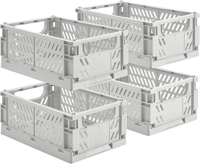HUUSMOT 4-Pack Collapsible Plastic Storage Baskets, Grey, 9.8"x6.5"x3.8" | Pastel, Space-Saving, Collapsible Plastic Bins, Cute Mini Storage Crates, for Classroom, Kitchen, Office, Bedroom by HUUSMOT