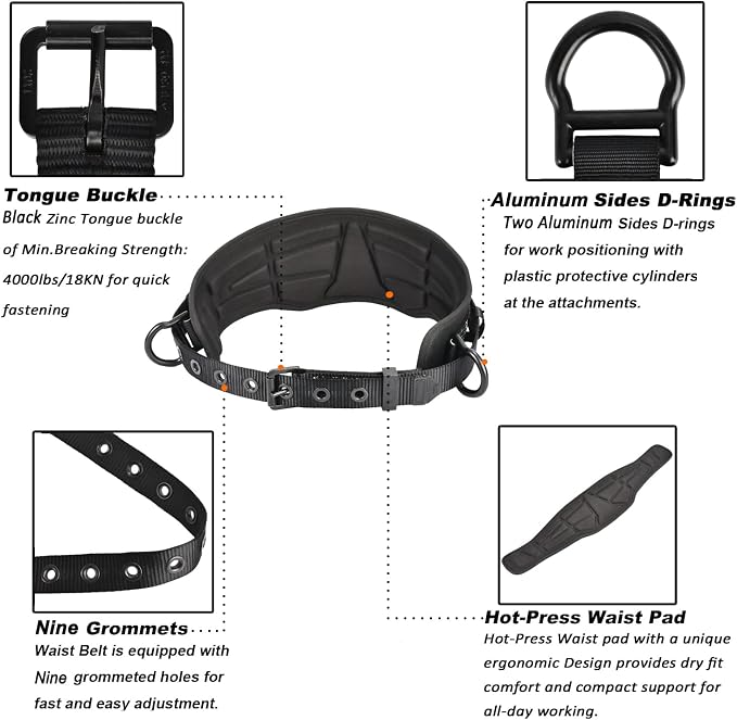 Tongue Buckle Body Belt (Aluminum Hardware) With Hot-Pressing Waist Pad and 2 Aluminum Side D-Rings Personal Protective Equipment | Waist Fitting Size 32'' to 50'' - Image 3