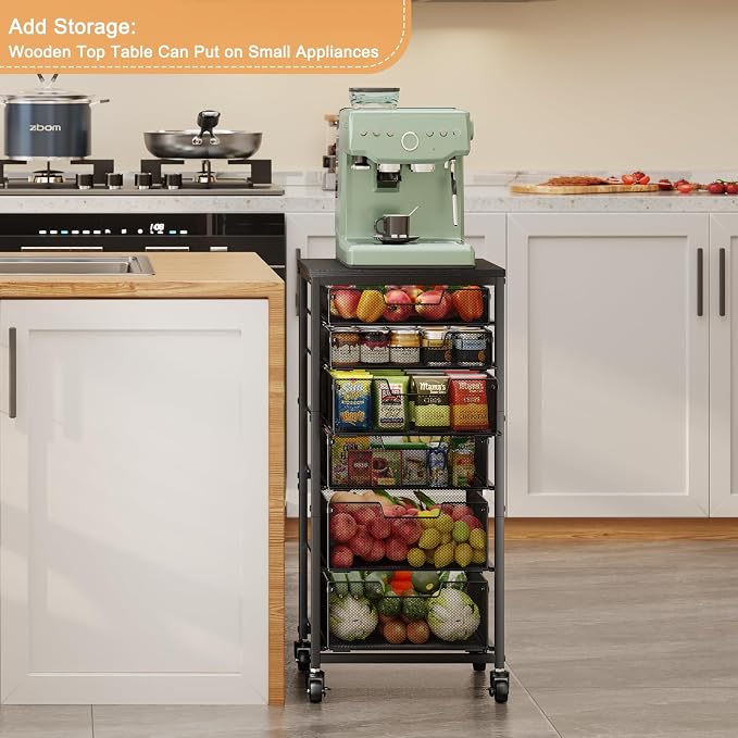 6-Tier Kitchen Storage Cart -Fruit Vegetable Storage Cart with Drawers, Wooden Top Metal Wire Kitchen Organizer and Storage Cart with Wheels to Storage Onions Potatoes Cans Snacks for Kitchen - Image 7