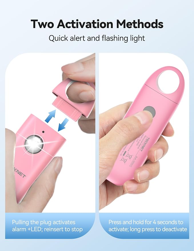 TECKNET Personal Safety Alarm,Portable Personal Alarm for Women with Flashing Strobe Light & Low Battery Alert,130dB Rechargeable Emergency Keychain Alarms for Women ,Men,Kids,Seniors(Pink) - Image 4