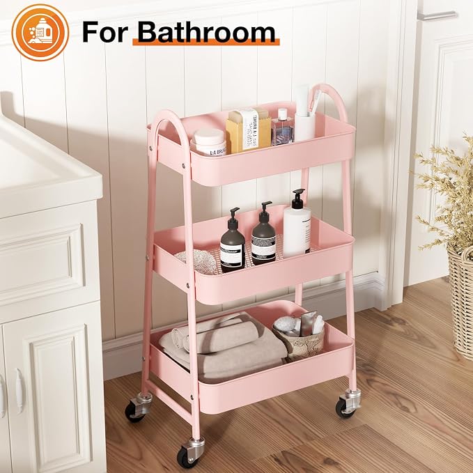 NEWBULIG 3-Tier Metal Rolling Storage Utility Cart with Lockable Wheels | Mobile Organizer Shelf, Space-Saving, Freestanding, Bathroom, Living Room, Slim, Narrow Corner Spaces, Pink - Image 5