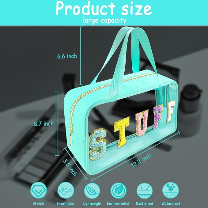 Bunliuys Chenille Letter Clear Makeup Bag with Stuff Patch, Travel Toiletry Makeup Bag with Handle, Nylon Waterproof Cosmetic Bag, Preppy Patch Makeup Bag for Women (Light Blue) - Image 2