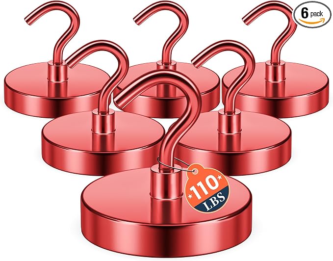 FINDMAG Magnetic Hooks for Cruise Cabins, 110lbs Magnetic Hooks | Cruise Ship Magnets for Grill, Classroom Organization, Strong Fridge Magnets, Office Supplies, 6 Pack, Red by FINDMAG