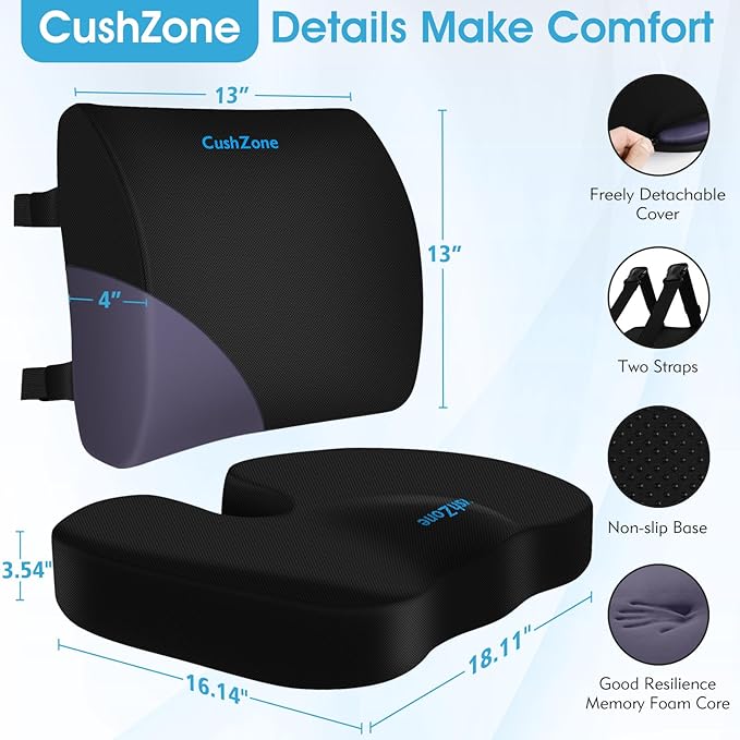 CushZone X-Large Seat Cushion and Lumbar Support Pillow for Office, Black | Thick Memory Foam for Sciatica Pain Relief & Posture Correction, Non-Slip Chair Cushions for Car, Wheelchair and Travel - Image 3