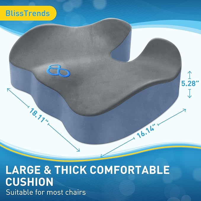 BlissTrends Thick Seat Cushion for Office Chair & Car Seat, XL, Grey&Blue | 5.2in Memory Foam with Removable Velvet Cover, Ergonomic Tailbone & Sciatica Support for Pressure Relief and Long Sitting - Image 3