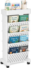 5-Tier Rolling Bookshelf Cart with Wheels, White | Slim Mobile Book Cart, Plastic Magazine Rack Rolling File Paper Organizer for Home Office Study Classroom Living Room by yeavs