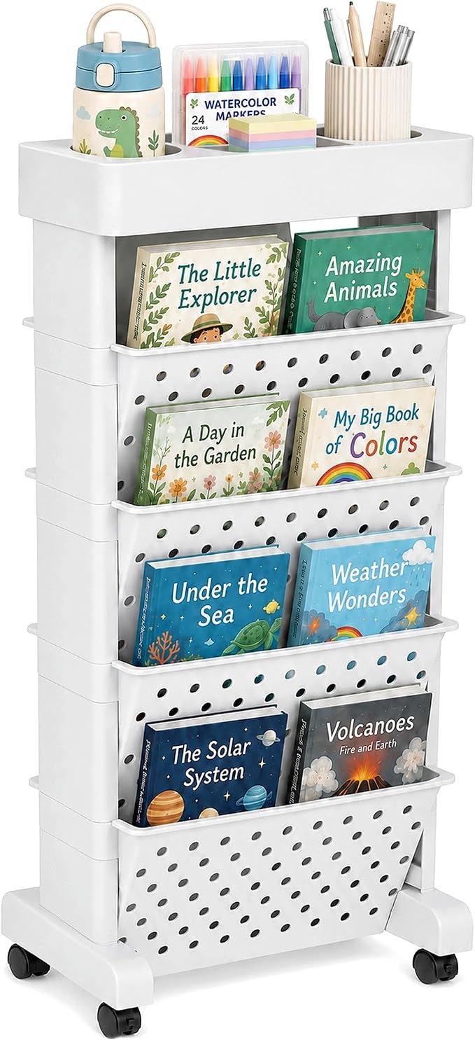 5-Tier Rolling Bookshelf Cart with Wheels, White | Slim Mobile Book Cart, Plastic Magazine Rack Rolling File Paper Organizer for Home Office Study Classroom Living Room by yeavs