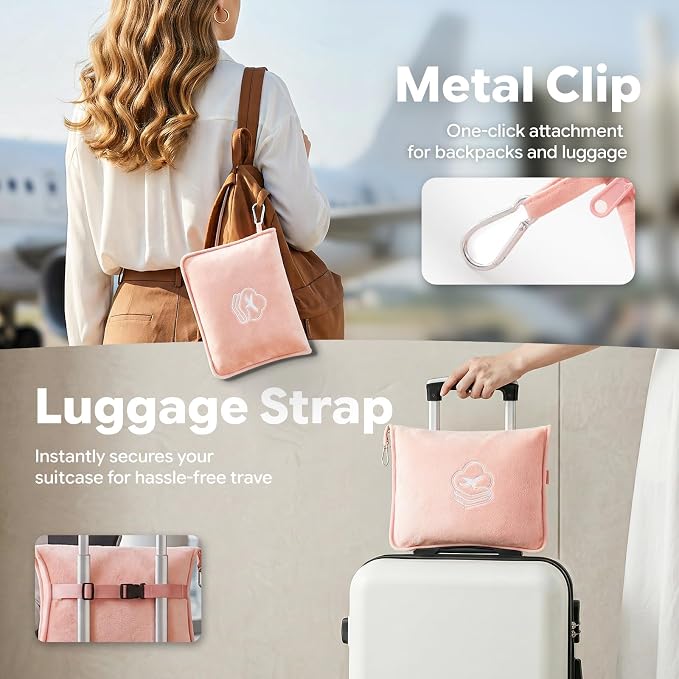 Travel Blanket, Soft 2-in-1 Airplane Blanket, 65x40 Inches, Travel Blanket Airplane Compact with Bag, Car Blanket with Luggage Sleeve & Backpack Clip (Peachy Pink) - Image 4
