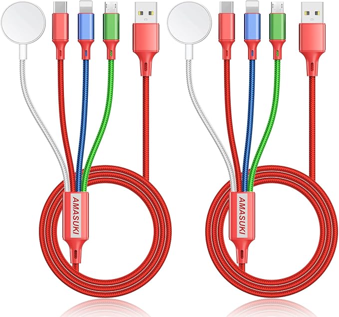 2Pack Multi Charging Cable for Apple Watch Charger 4 in 1 Travel Essentials RV Camping Essentials USB C/L/Micro Compatible with iWatch Series 11-1/iPhone 17/16/15/Android Airplane Gadgets-4FT/Red by ChargeBeyondPowerWithin