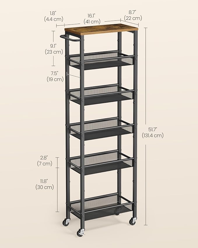 VASAGLE 6-Tier Slim Rolling Storage Cart, Narrow Kitchen Cart with Wheels, Utility Organizer, 17.9 x 8.7 x 51.7 Inch, for Bathroom Pantry, Rustic Brown and Matte Black, Dacey Collection ULRC039K101 - Image 6