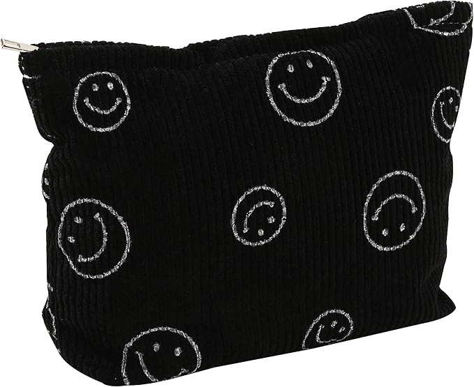 Cosmetic Bags for Women - Corduroy Cosmetic Bag Aesthetic Women Handbags Purses Smile Dots Makeup Organizer Storage Makeup Bag Girls Case Bags (A-Black) by Gardsell