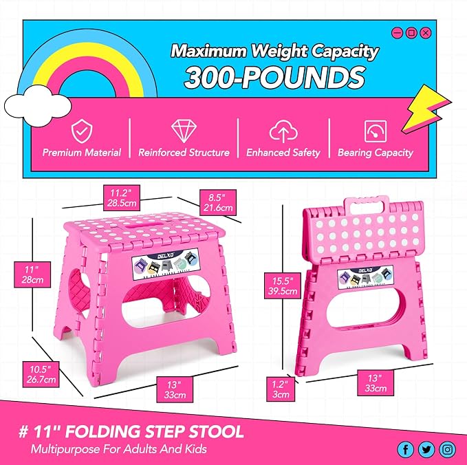 Delxo Folding Step Stool 11 Inch,300 Lbs Step Stool for Kids & Adults Pink | Foldable Step Stool 11",Non-Slip Foot Stools with Handle,Lightweight Collapsible stools for Kitchen,Bathroom,Bedroom,Garden - Image 5