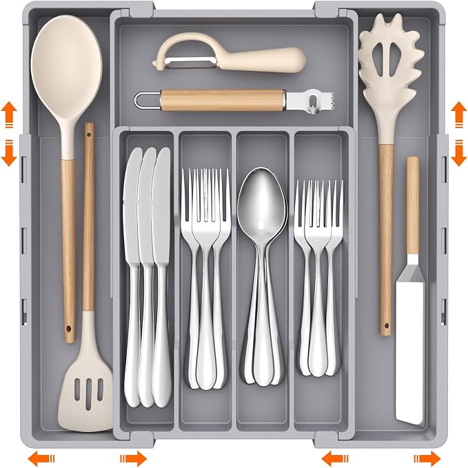 Lifewit Expandable Silverware Drawer Organizer, Utensil Tray for Kitchen | BPA Free Flatware and Cutlery Holder, Adjustable Plastic Storage for Spoons Forks Knives, 8.9-14.2 x 11.3-19.4 x 1.7", Gray by Lifewit