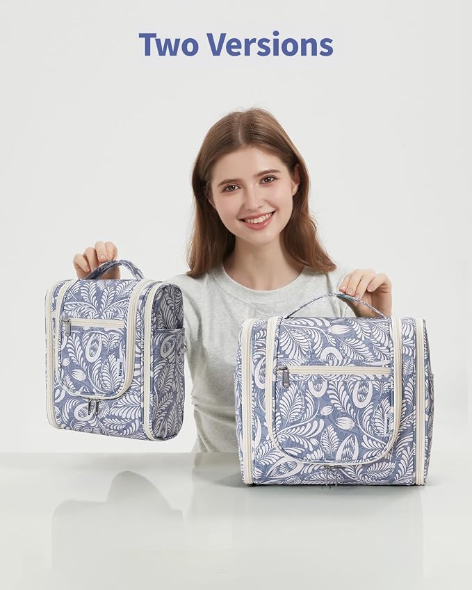 Narwey Hanging Toiletry Bag for Women Travel Makeup Bag Organizer Toiletries Bag Men for Cosmetics Essentials Accessories(Large, Blue Leaf) - Image 8