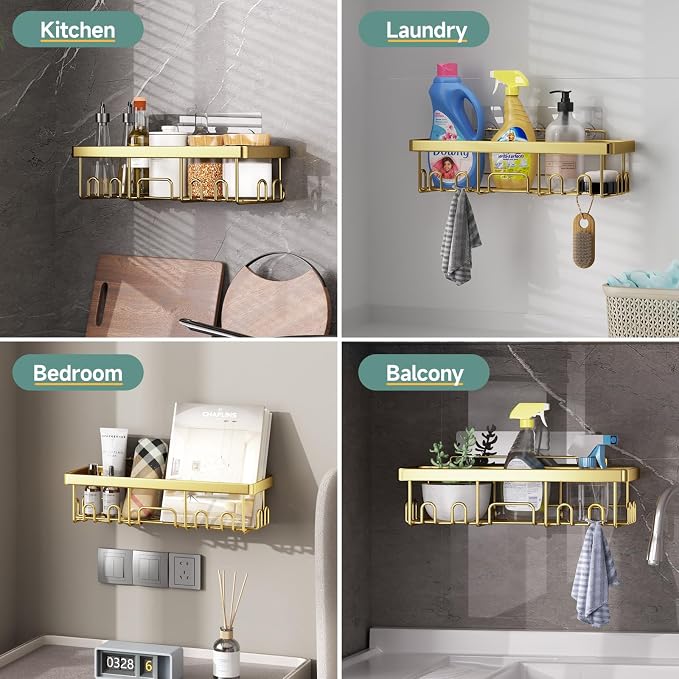 Veken Adhesive Shower Caddy 6-Pack,Gifts for Women Mom,Heavy Weight Bearing,Large Wall Mounted Bathroom Shelves Rack,Organizer Storage Accessories with Soap Dish&Toothbrush Holder,Bright Gold - Image 6