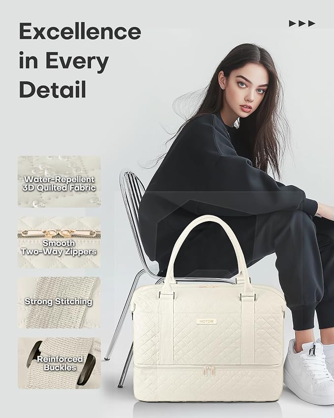 HOTOR Travel Duffel Bag - Weekender Bags for Women, Carry On Gym Tote Bags | with Toiletry Bag & Shoe Compartment, Overnight Bag for Travel Essentials and Travel Accessories, Beige, 13.4"×17.3"×7.9" - Image 8