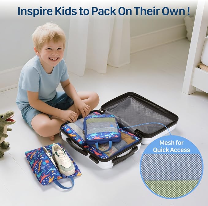 Kids Compression Packing Cubes - 4 PCS Sets, Blue Dinosaur | Water Resistant 4 Piece Set with Shoe Bag, Toddler Suitcase Organizer Set, Expandable Storage for Luggage - Image 2