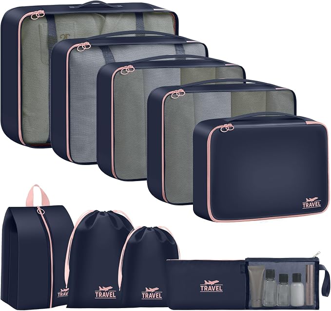 Packing Cubes for Travel- 8 Set Luggage Organizer Bags for Family, Mesh Breathable Travel Packing Cubes for Suitcases Durable Travel Essentials Bags Set (Navy Blue, 10 Set) by YEEYAA