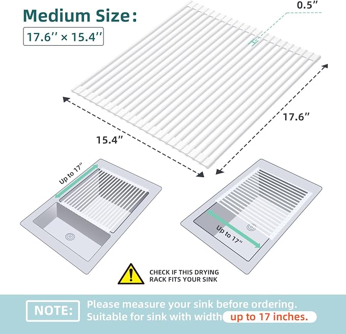 Ohuhu Over Sink Dish Drying Rack, 17.6" W x 15.4" L Roll Up Dish Racks Kitchen Sink Organizer Silicone Wrapped Large in Sink Dish Drying Rack Foldable Rolling Drain Mats Anti-Slip - Image 2