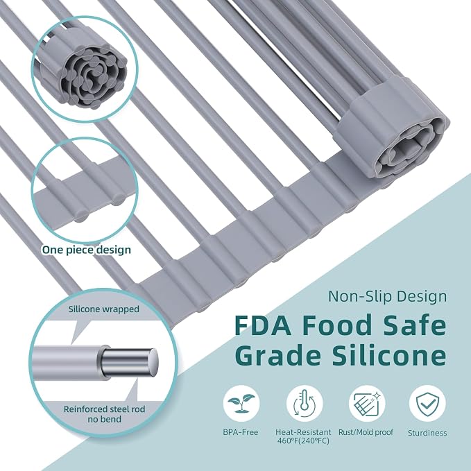 Ohuhu Roll Up Dish Drying Rack, Over The Sink Multipurpose Roll-Up Dish Racks, 16.5" W x 13" L Rolling Heat-Resistant Anti-Slip Silicone Coated Dish Drainer Portable Foldable for Kitchen Counter - Image 5