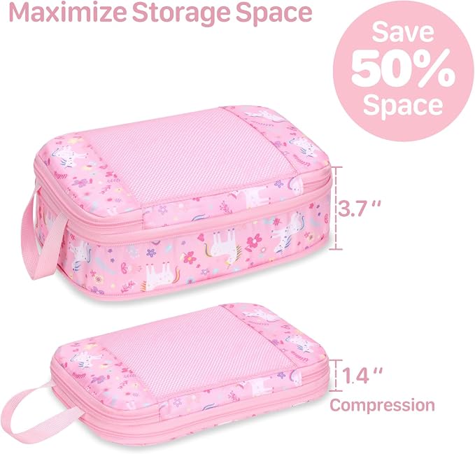 Kids Compression Packing Cubes - 4 PCS Travel Sets, Pink Unicorn | Water Resistant 4 Piece Set with Shoe Bag, Toddler Suitcase Organizer Set, Expandable Storage for Luggage - Image 4