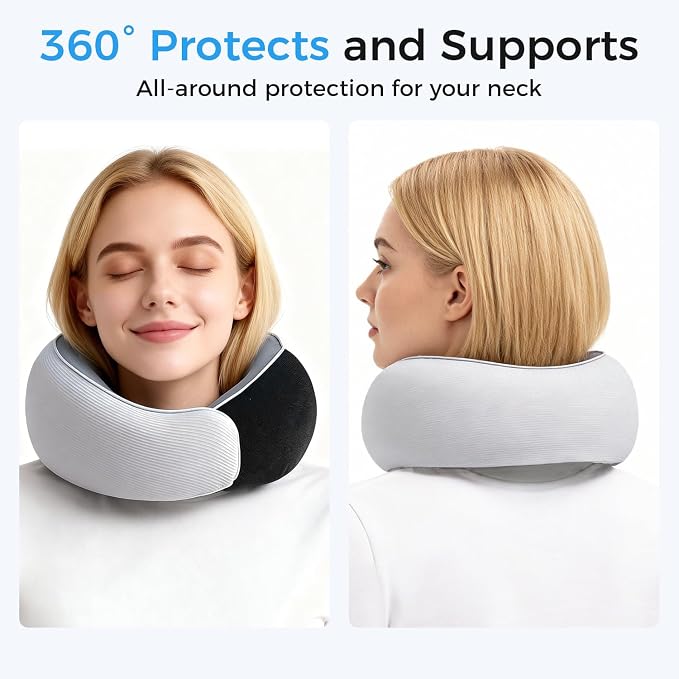Travel Pillows, 100% Pure Memory Foam Neck Pillow for Airplanes, 360° Head Support, Ergonomic Design, with 3D Eye Mask, Earplugs and Storage Pouch, Airport Travel Essentials for Office, Airplane, Car - Image 4