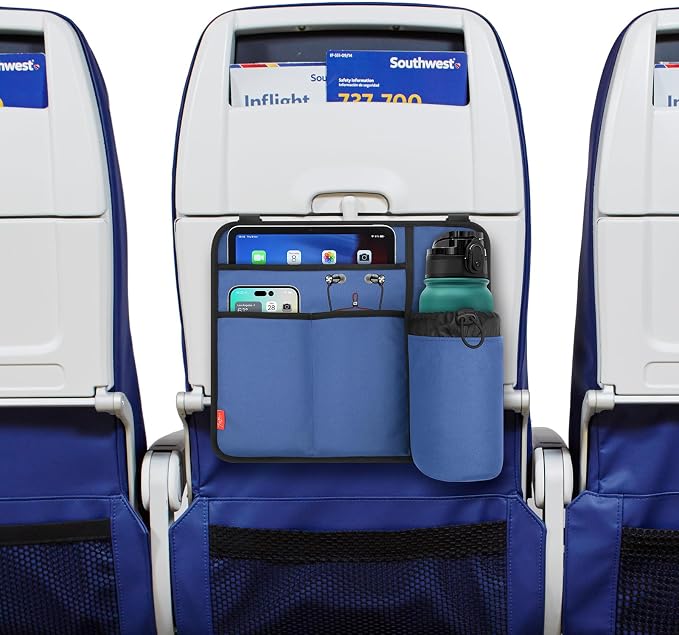 Airplane Seat Back Organizer & Storage, Airplane Tray Table Cover for Personal Items, Airline Seat Hanging Pockets Media Pouch,Reusable Travel Essentials,Fits Tablets,Cell Phone,Water Bottle (Blue) - Image 6