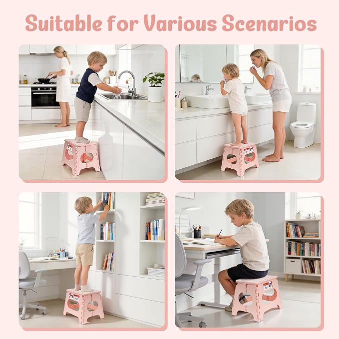 11" Folding Step Stool for Kids, Non-Slip Foldable Stool, Light Pink | Heavy Duty Collapsible Foot Stool, Lightweight with Built-in Handle, Holds 300 lb for Adults Kitchen Bathroom Bedroom Outdoor - Image 3