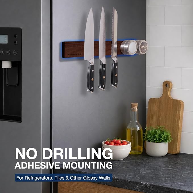 Knife Magnetic Strip 16”, Acacia Wood Knife Holder for Wall Moun | No Drill for Fridge, Dual-Row Magnet Hold 9 Knives & Heavy Cleaver, 3M Tape & Screw Mount, Kitchen Knife & Utensil Organizer - Image 4