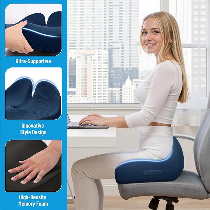 Memory Foam Seat Cushion, Ergonomic Office Chair Cushion for Long Sitting | Curved Tailbone Support Cushion for Car, Desk Chair and Wheelchair, Coccyx Comfort Pad with Breathable Cover, Blue - Image 4