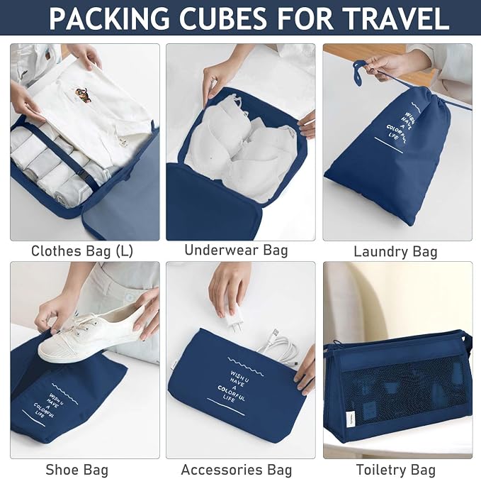 KPX 8 Set Packing Cubes for Travel, Luggage Packing Organizers Accessories Large Toiletries Bag for Clothes Shoes Cosmetics (Navy Blue) - Image 4