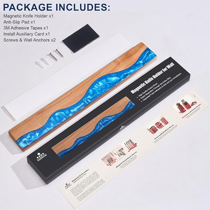 16 Inch Magnetic Knife Holder for Wall, Acacia Wood & Blue Resin Magnetic Knife Strip, Powerful No-Drill Adhesive or Screws Mount, Kitchen Knife Bar Storage Rack ("Ocean" Blue Resin) - Image 6