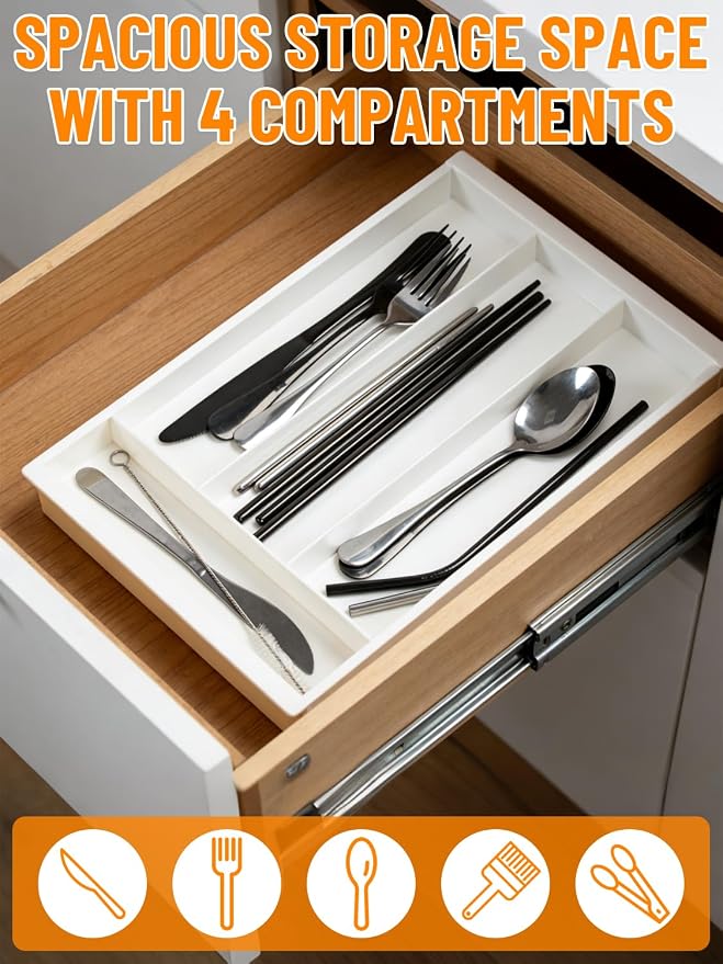 Silverware Drawer Organizer Tray (Cream) | Adjustable Small Utensil Holder for Spoon and Fork, Expandable Flatware Cutlery Tray for Kitchen Drawers - Image 5