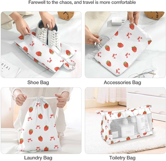 8 Set Packing Cubes for Suitcases,Packing Cube with Shoe, Cosmetics, Clothing, and Accessories Bags Packing Cubes for Travel Luggage Organizer Women Men(Strawberry Bows) - Image 5