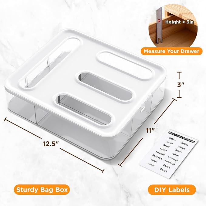 OUTXE Bag Organizer for Drawer + Fridge, Magnetic Kitchen Baggie Storage | Pantry Organization for Ziplock Plastic Food Bags | Compatible with Snack Sandwich Quart Gallon (White) | Pantry Organization for Ziplock Plastic Food Bags | Compatible with Sna... - Image 5