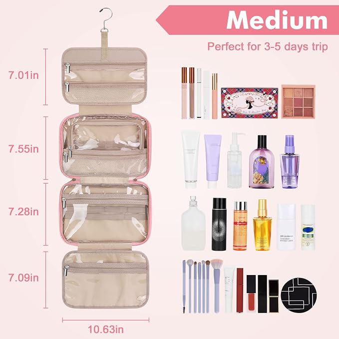 Toiletry Bag for Women, Medium Cosmetic Travel Bag, Hanging Toiletry Bag for Bathroom, Thickened PVC Waterproof Makeup Bag, Toiletries Bag for Travel Business Trips and Camping, Pink - Image 2