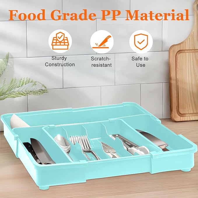 Silverware Organizer - Expandable Silverware Drawer Organizer Adjustable Drawer Organizer, Silverware Tray for Drawer15.2"x 19" Cutlery Drawer Organizer, Kitchen Organizers Storage, Turquoise - Image 9