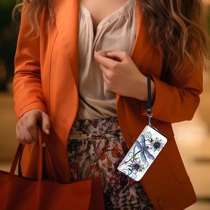 Wallet,Leather Long Wallet Suitable For Ladies And Teenagers - Detachable Wristband + RFID Travel Wallet With Card Slot - Dragonfly with Flowers - Image 6