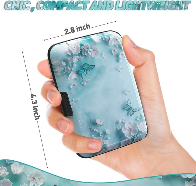 Credit Card Holder, Mini RFID Small Aluminum Card Wallet Business Card Case | Blocking Slim Metal RFID Blocking Front Pocket Wallet Hard Case Durable CC Holder for Women Girls, Green Teal Butterfly - Image 3