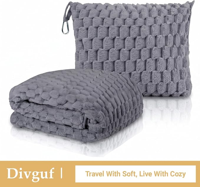 Travel Blanket with Bag, Soft Fleece Portable Airplane Blanket, Grey | Soft fleece travel blanket 50x60in grey. 5-in-1: pillow, lumbar support, shawl, hand warmer. Washable, luggage sleeve, clip. - Image 8