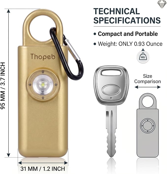 Personal Safety Alarm for Women – Superior Loud Siren & SOS Strobe | Premium Compact & Well-crafted Self Defense Keychain Alarm, College Dorm Essential, Variety of Colors (Metallic Gold) - Image 2