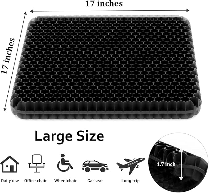 Gel Seat Cushion, Large Gel Cushion Breathable Honeycomb Chair Pads Gel Cushion with Non-Slip Cover for Home Office Chair Car Seat Wheelchair Absorbs Body Pressure Points, As Seen on TV (Black) - Image 4