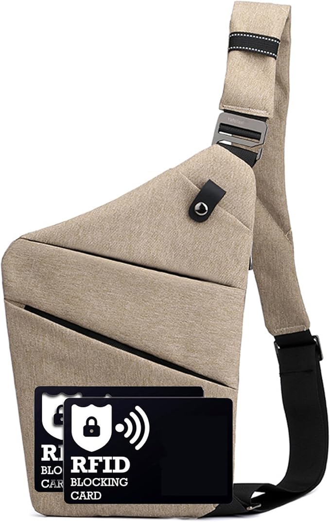 Anti Theft Crossbody Bags for Women Men, Multi-Pocket Shoulder Bag, Slim Sling Purse with 2 RFID Blocking Card (Right Shoulder-Khaki) by Ibalulu