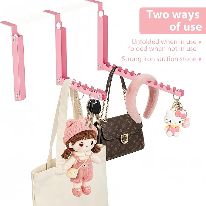 Pink Over the Door Hooks,Foldable Over the Door Hanger for Clothes | Heavy-duty for up to 1 3/4" thick door, with 10 slots for hanging clothes, perfect for laundry rooms and bedrooms to hang - Image 5