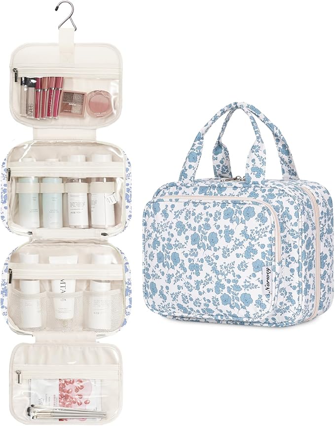 Narwey Hanging Floral Toiletry Bag for Women Travel Makeup Bag Organizer Toiletries Bag for Travel Size Essentials Accessories Cosmetics (Blue Flower (Medium)) - Image 2